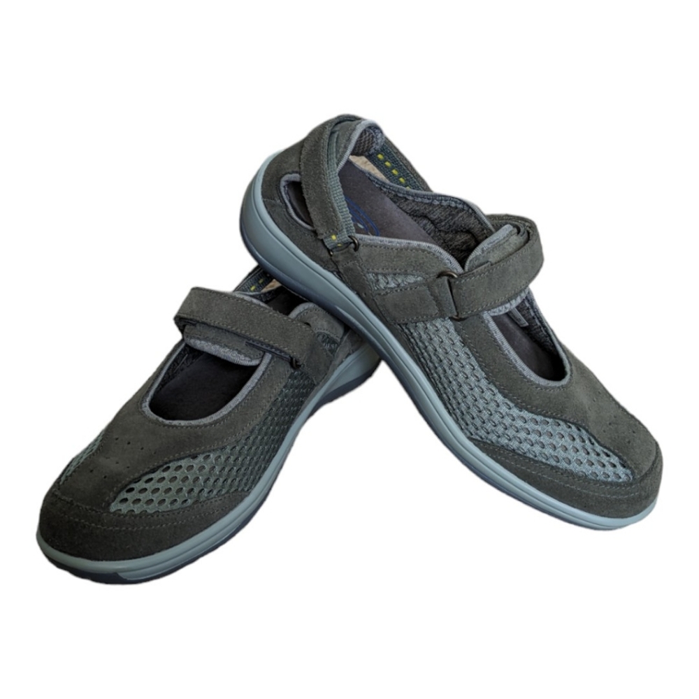 OrthoFeet Mary Janes Sanibel 895 Grey Olive Sky Blue Suede Walking Shoes Size 8